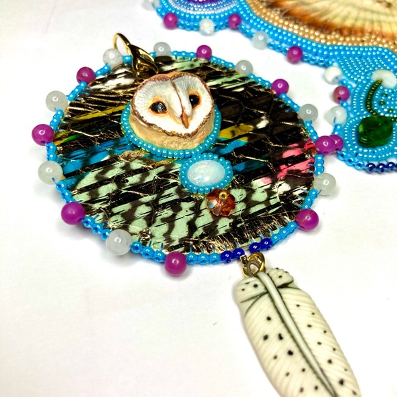 Beaded Beadwork Owl Necklace Earrings jewelry Set Opal Gemstone Bead Embroidery - Picture 9 of 10